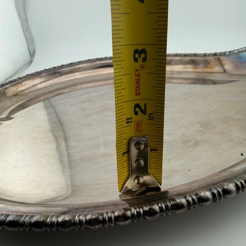 LE Silver Plated Teardrop Leaf Serving Tray Beaded Rim Handle